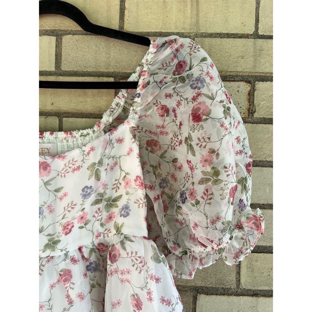 Audrey Parks Francesca's Floral Puff Sleeve Organza Mini Babydoll Dress XS - Picture 6 of 7